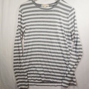 Michael Kors Grey White Striped Long Sleeve Crew Neck Top Large